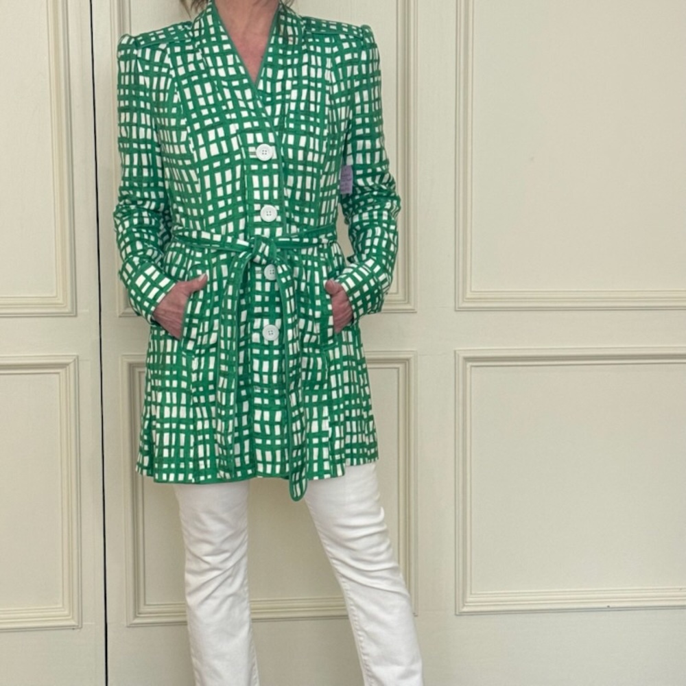 Cabi Green & White Grid Belted Blazer Jacket